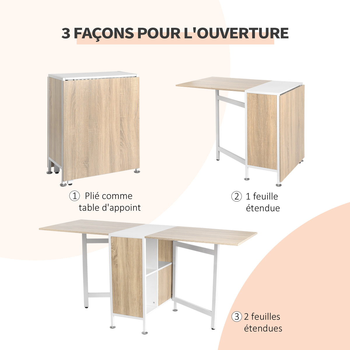 Table pliable de cuisine pour 4 personnes table à manger 4 niches intégrées pour petit espace dim. dépliées 169L x 62l x 75H cm MDF chêne clair acier blanc