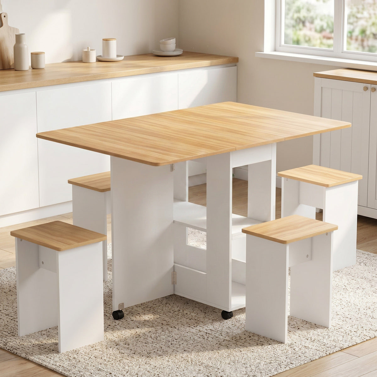 Ensemble table salle à manger pliante avec 4 chaises, table de cuisine avec chaises pour 4 personnes, roulettes, chêne