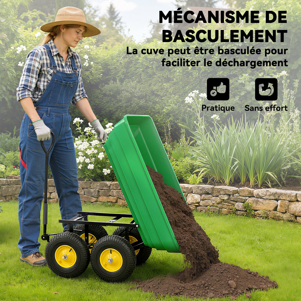 Chariot de Jardin à Main Benne basculante 75° 75L Charge Max. 200 Kg 4 Roues pneumatiques Acier PP Jaune Vert
