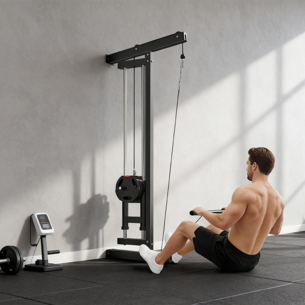 Appareil de musculation mural, station de traction, poulie haute et basse, 2 poulies, en acier, 75 x 16 x 192 cm, noir