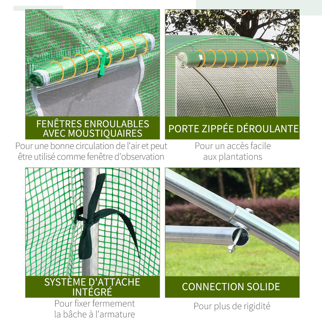 Serre de jardin tunnel 13,5 m² 6 fenêtres porte zippée enroulable châssis acier galvanisé bâche PE 4,5 x 3 x 2 m vert