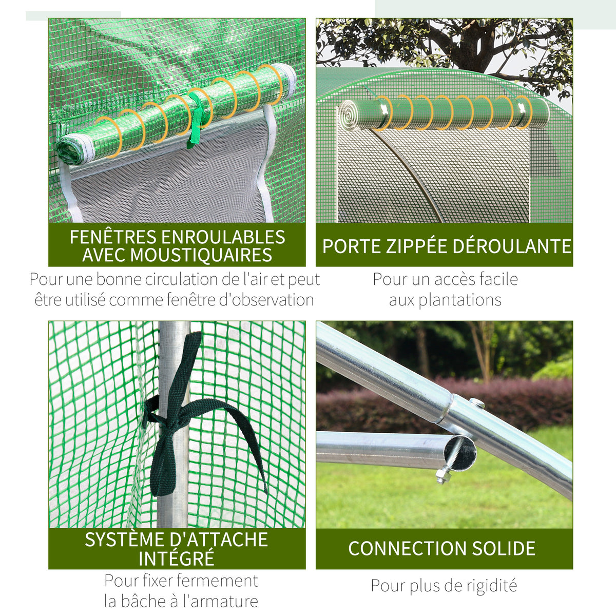 Serre de jardin tunnel 13,5 m² 6 fenêtres porte zippée enroulable châssis acier galvanisé bâche PE 4,5 x 3 x 2 m vert
