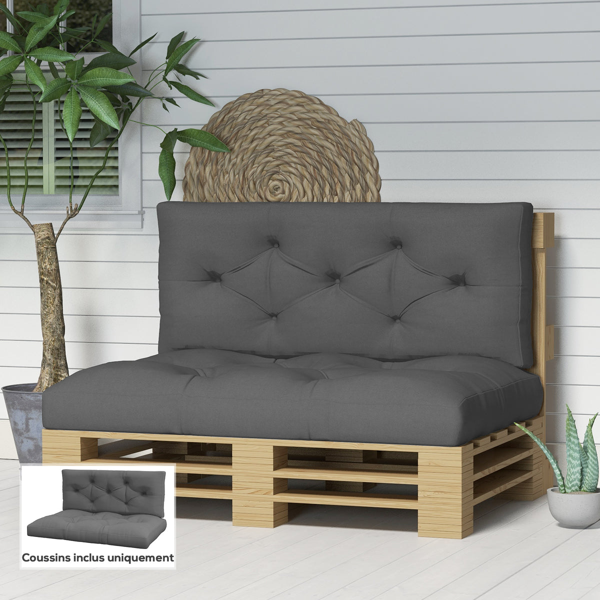 Ensemble de 2 coussins pour canapé palette 2 places dim. 120L x 80l x 12H cm Polyester gris