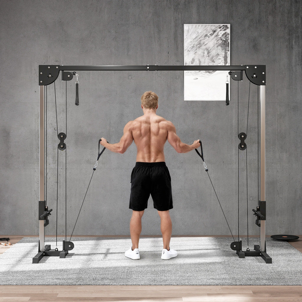 Appareil de musculation double poulie vis à vis crossover, charge libre avec haltère 2 x 50kg dim. 245L x 85l x 207H cm