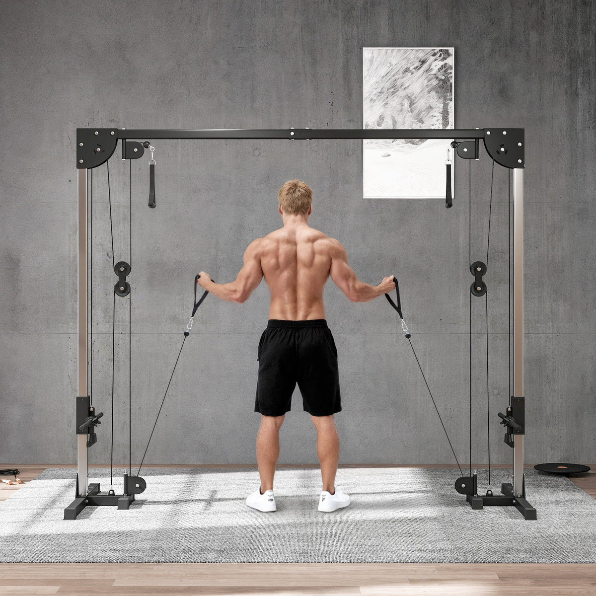 Appareil de musculation double poulie vis à vis crossover, charge libre avec haltère 2 x 50kg dim. 245L x 85l x 207H cm