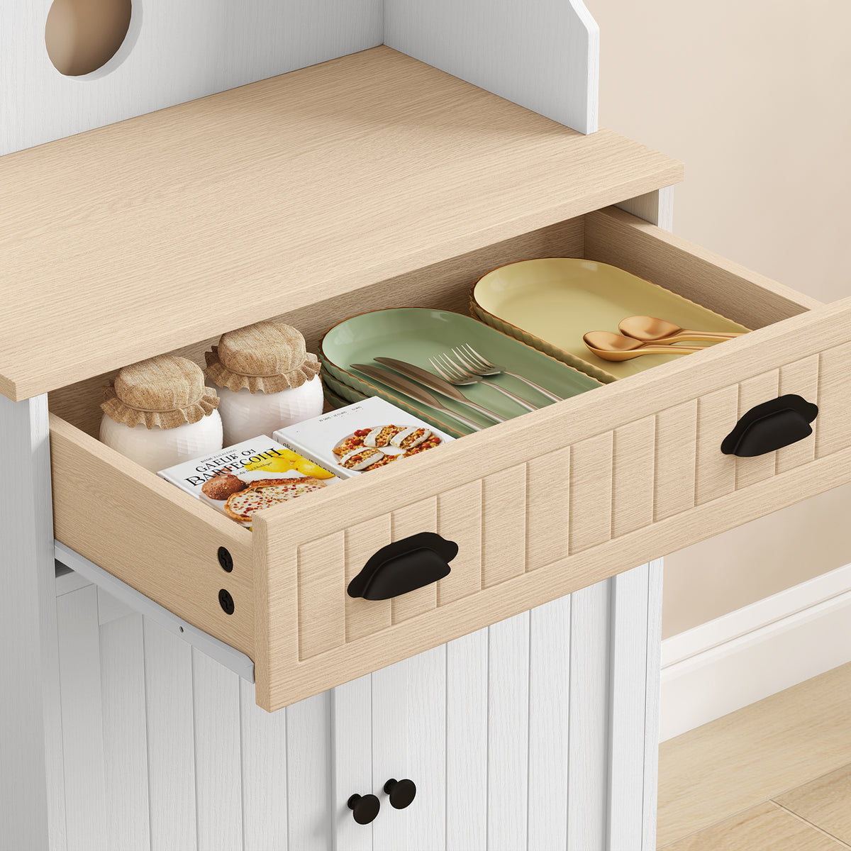 Meuble armoire micro-ondes pour cuisine avec espace ouvert 1 tiroir et placard 2 portes 61 x 35 x 125,4 cm chêne