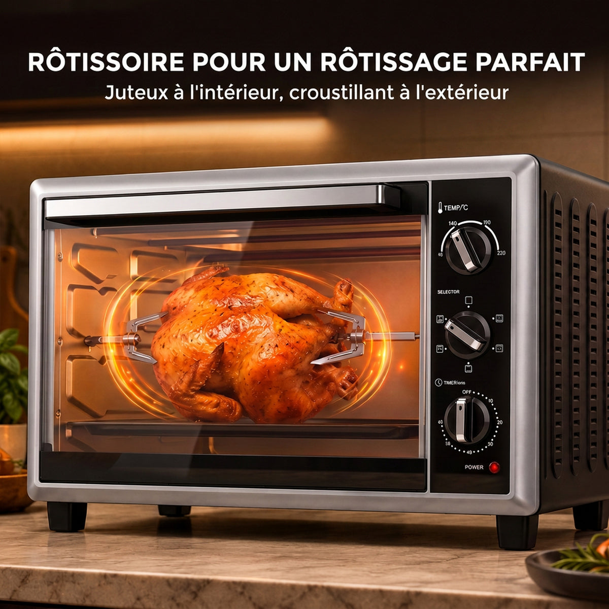 Mini-Four Électrique avec Broche Rotative 46L 1800W, Four à Convection Multifonction, Chaleur Tournante, Minuterie, Noir