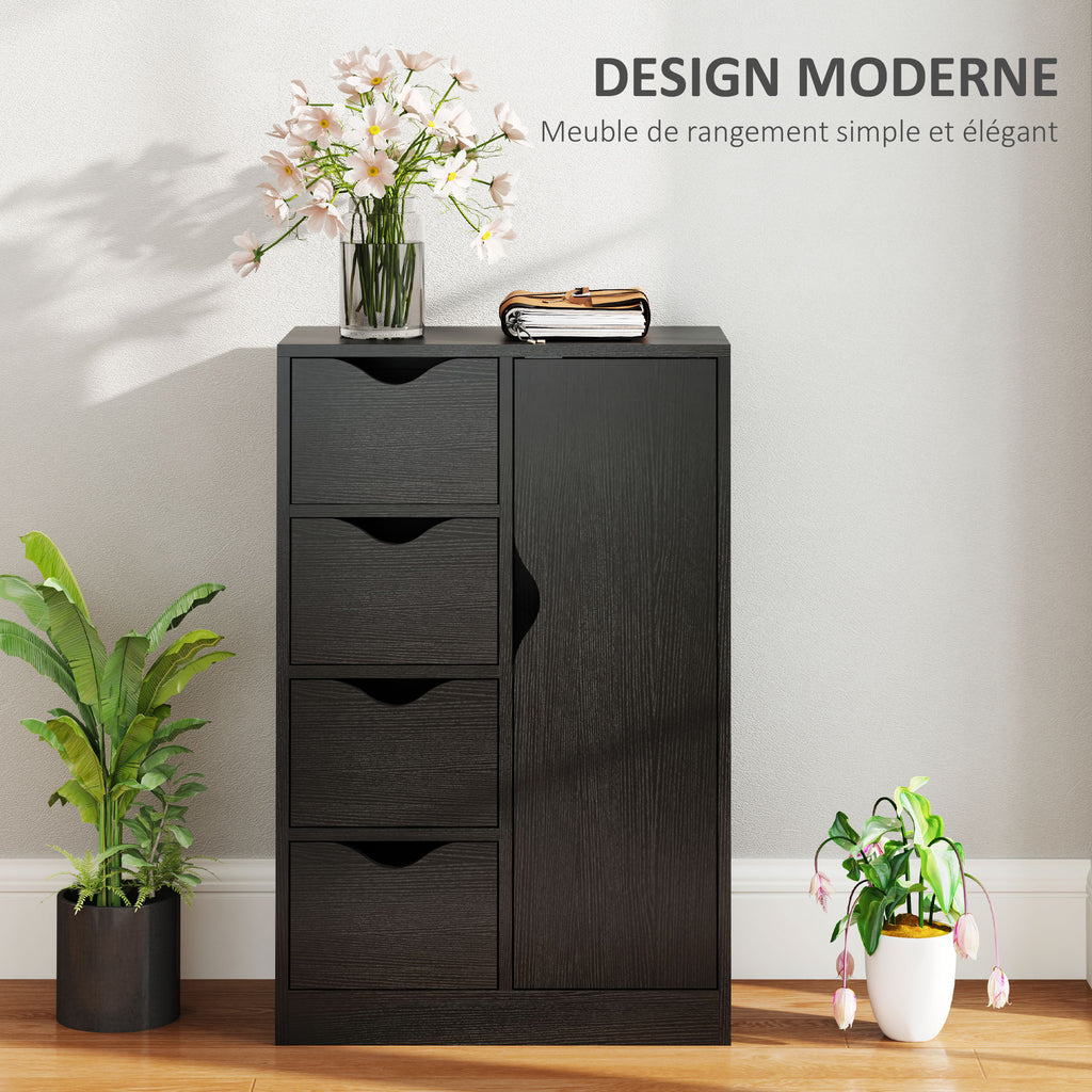 Meuble de rangement buffet commode 1 placard et 4 tiroirs, en bois, pour salon, cuisine, entrée, salle à manger, noir