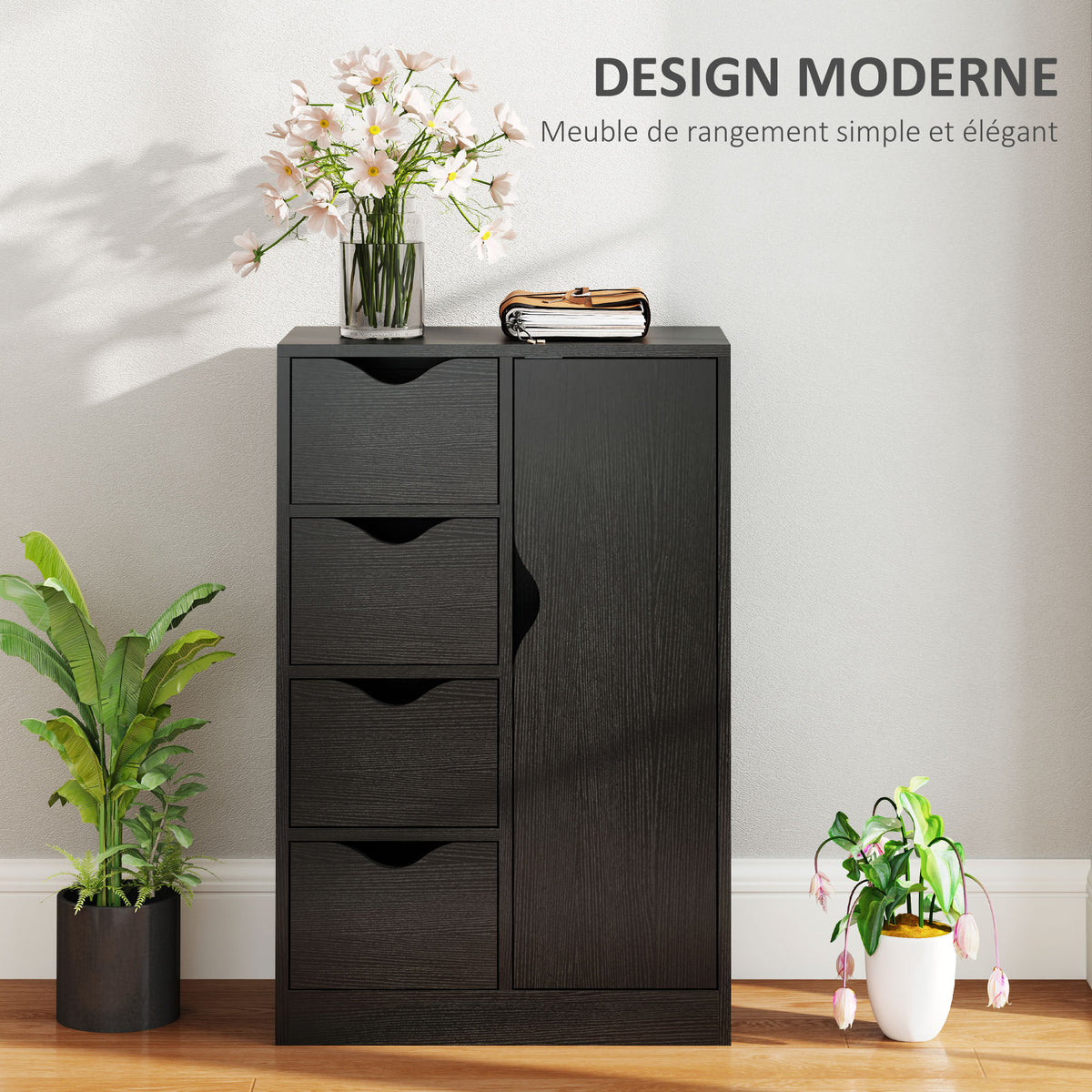 Meuble de rangement buffet commode 1 placard et 4 tiroirs, en bois, pour salon, cuisine, entrée, salle à manger, noir