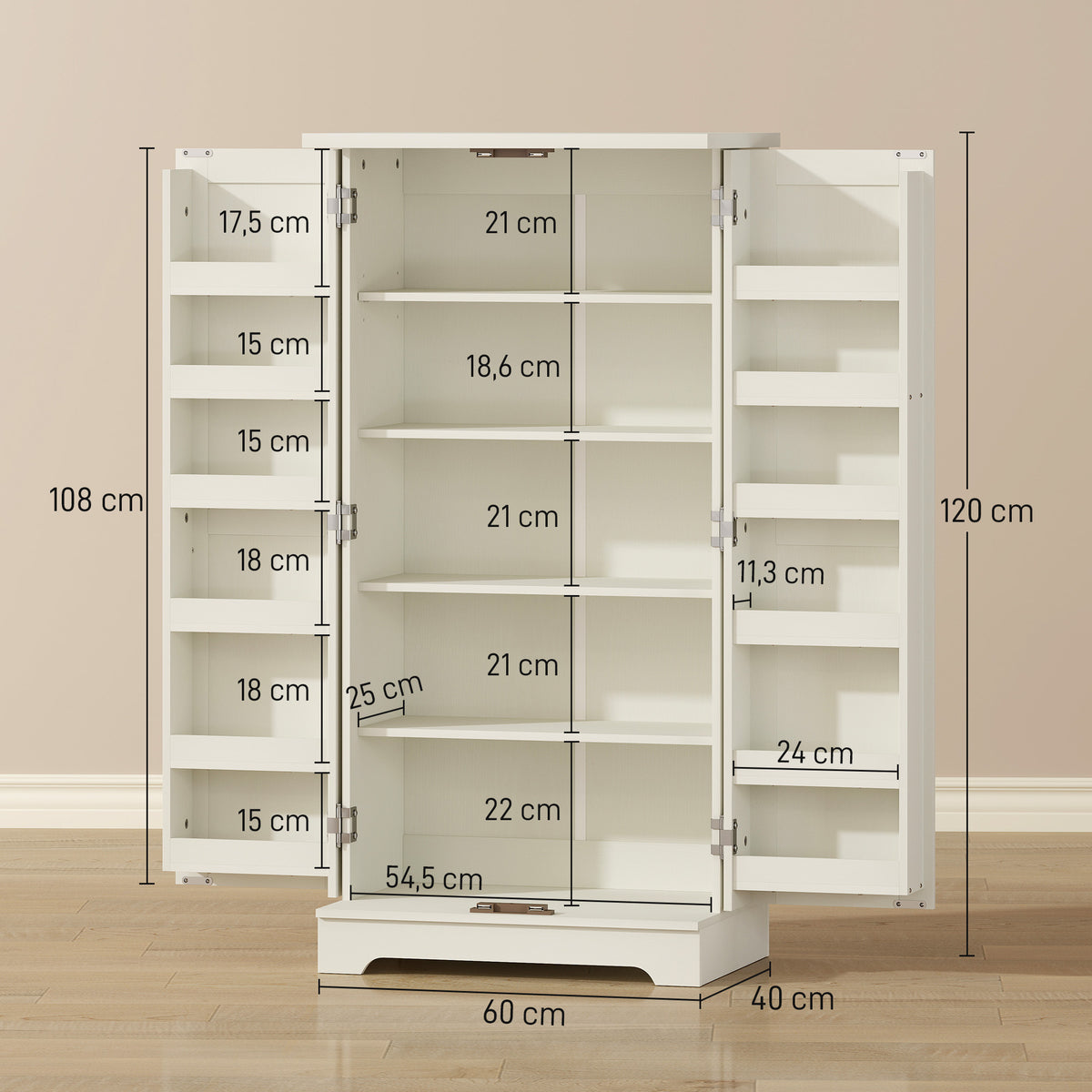 Buffet cuisine armoire de cuisine 5 niveaux avec portes et étagères réglables 60l x 40P x 120H cm grain de bois crème