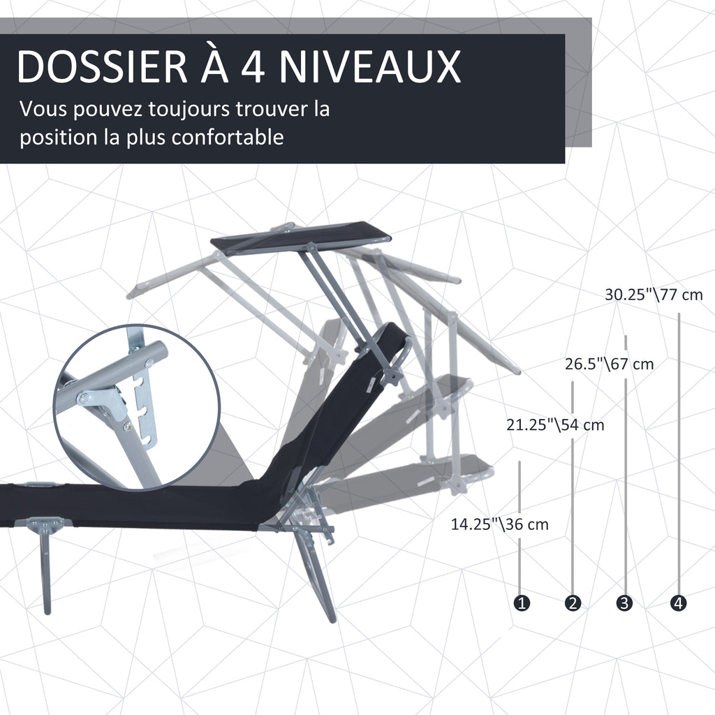 Lot de 2 transats Bain de Soleil Pliable Chaise Longue Pliante Grand Confort Dossier Inclinable Pare-Soleil réglable