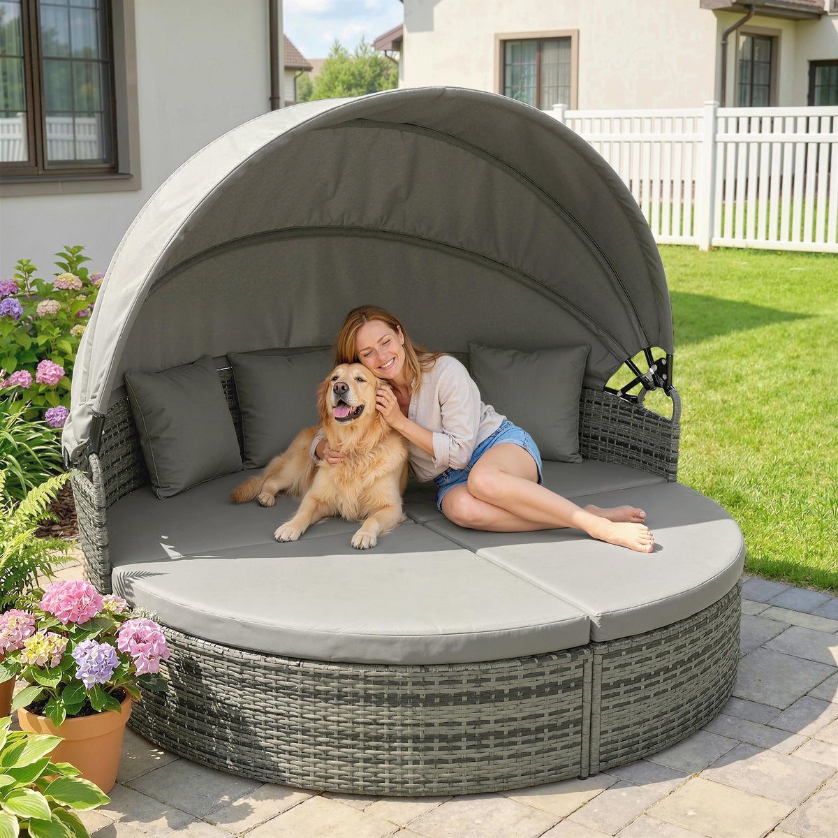 Bain de soleil rond, lit de jardin extérieur modulable 3 PSC en résine tressée avec auvent rétractable, gris clair