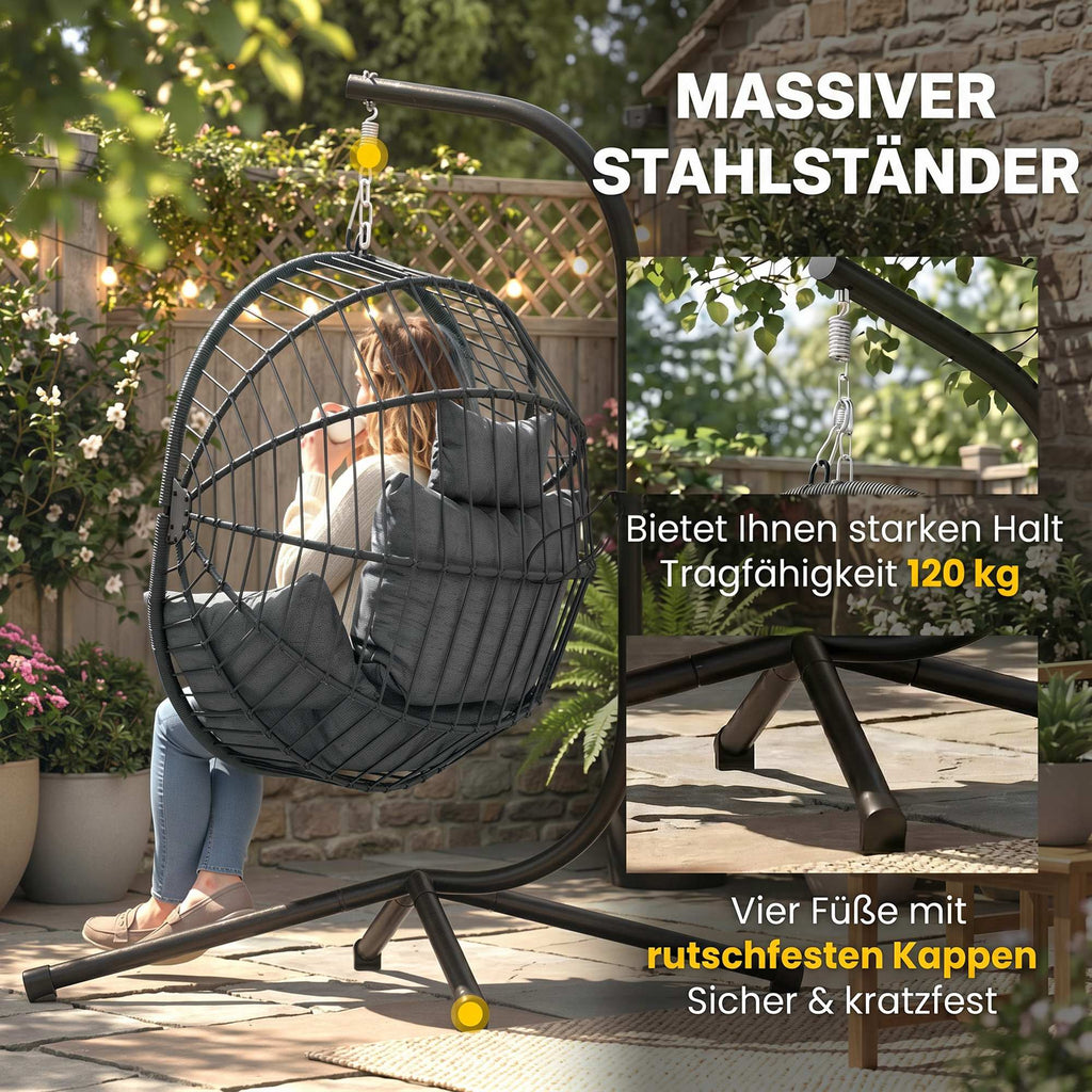 Fauteuil œuf suspendu, chaise hamac balançoire intérieur et extérieur, panier pliable, coussin rembourré, gris