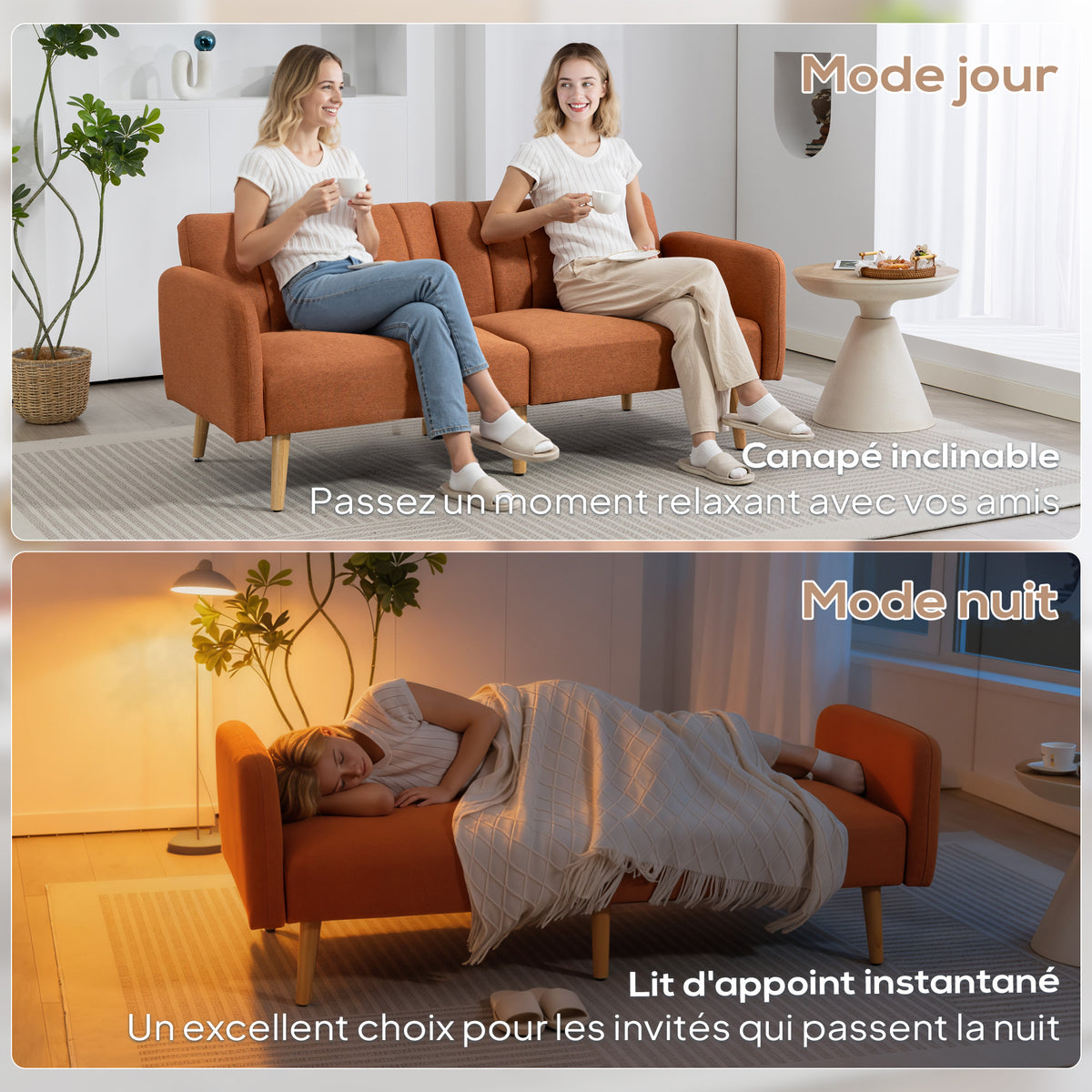 Canapé Convertible 2 Places Design scandinave Dossier inclinable 3 Positions Pieds Bois Tissu Aspect Lin marron