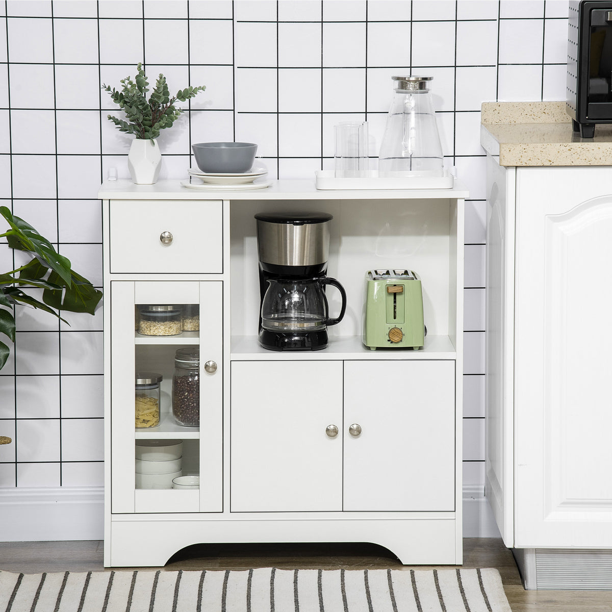 Buffet de cuisine moderne avec porte en verre, tiroir, grande niche et étagères réglables 80 x 30 x 82 cm blanc