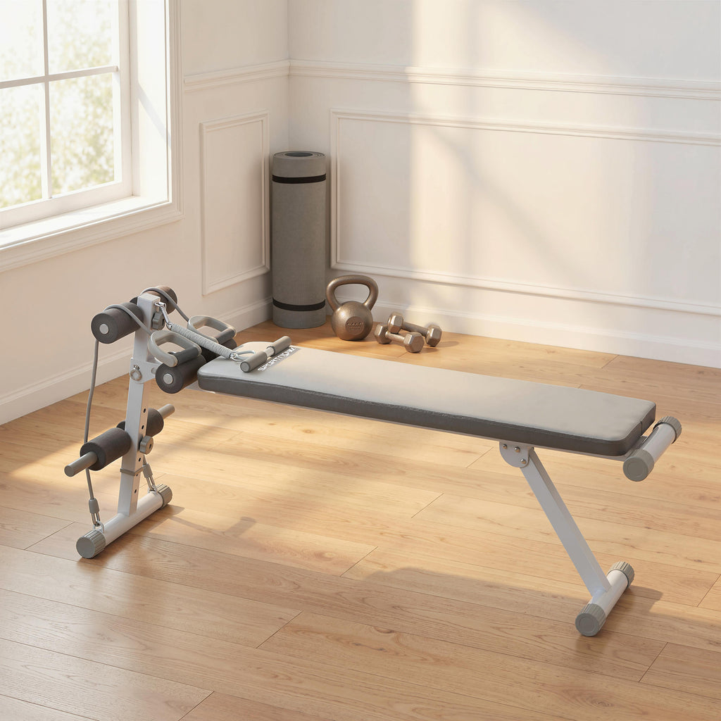 Banc de Musculation Multifonction, Banc Plat Réglable avec Siège à 3 Niveaux, 141 x 52 x 54-71 cm, Bleu et Blanc
