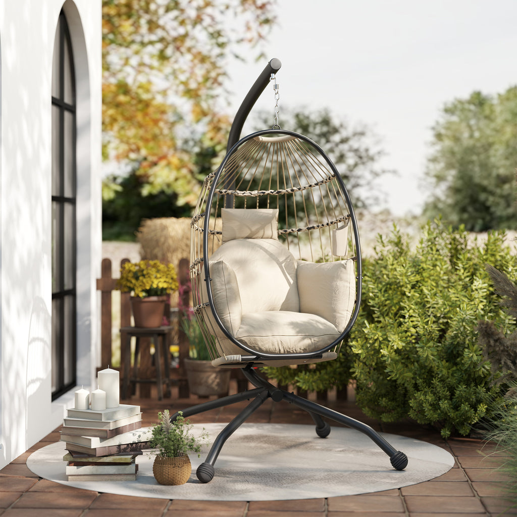 Fauteuil oeuf suspendu, intérieur et extérieur, panier pliable, coussin rembourré, cadre en acier, beige