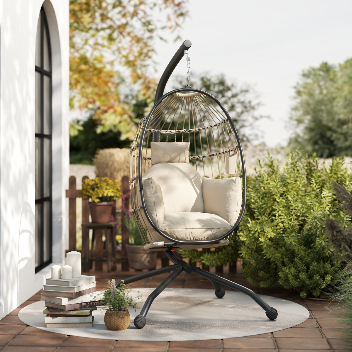 Fauteuil oeuf suspendu, intérieur et extérieur, panier pliable, coussin rembourré, cadre en acier, beige