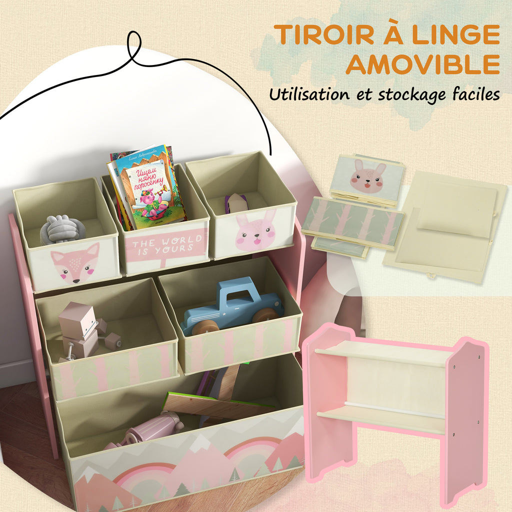 Tableau chevalet double-face rouleau papier 2 paniers + meuble à jouets de rangement à 6 boîtes, 63 x 30 x 66 cm, rose