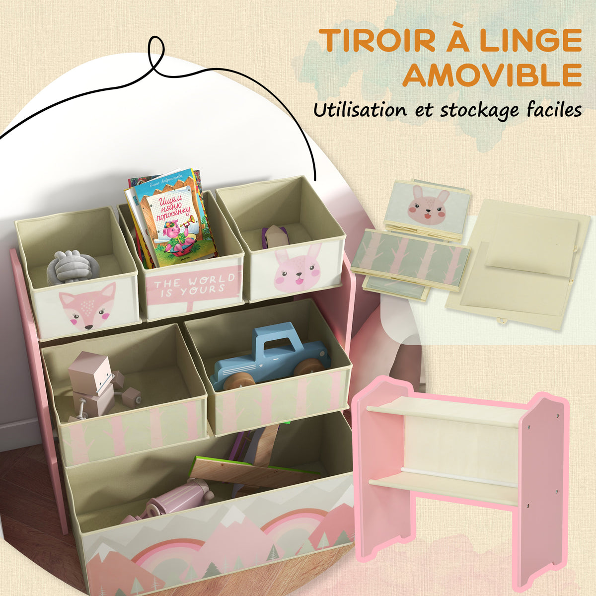Tableau chevalet double-face rouleau papier 2 paniers + meuble à jouets de rangement à 6 boîtes, 63 x 30 x 66 cm, rose