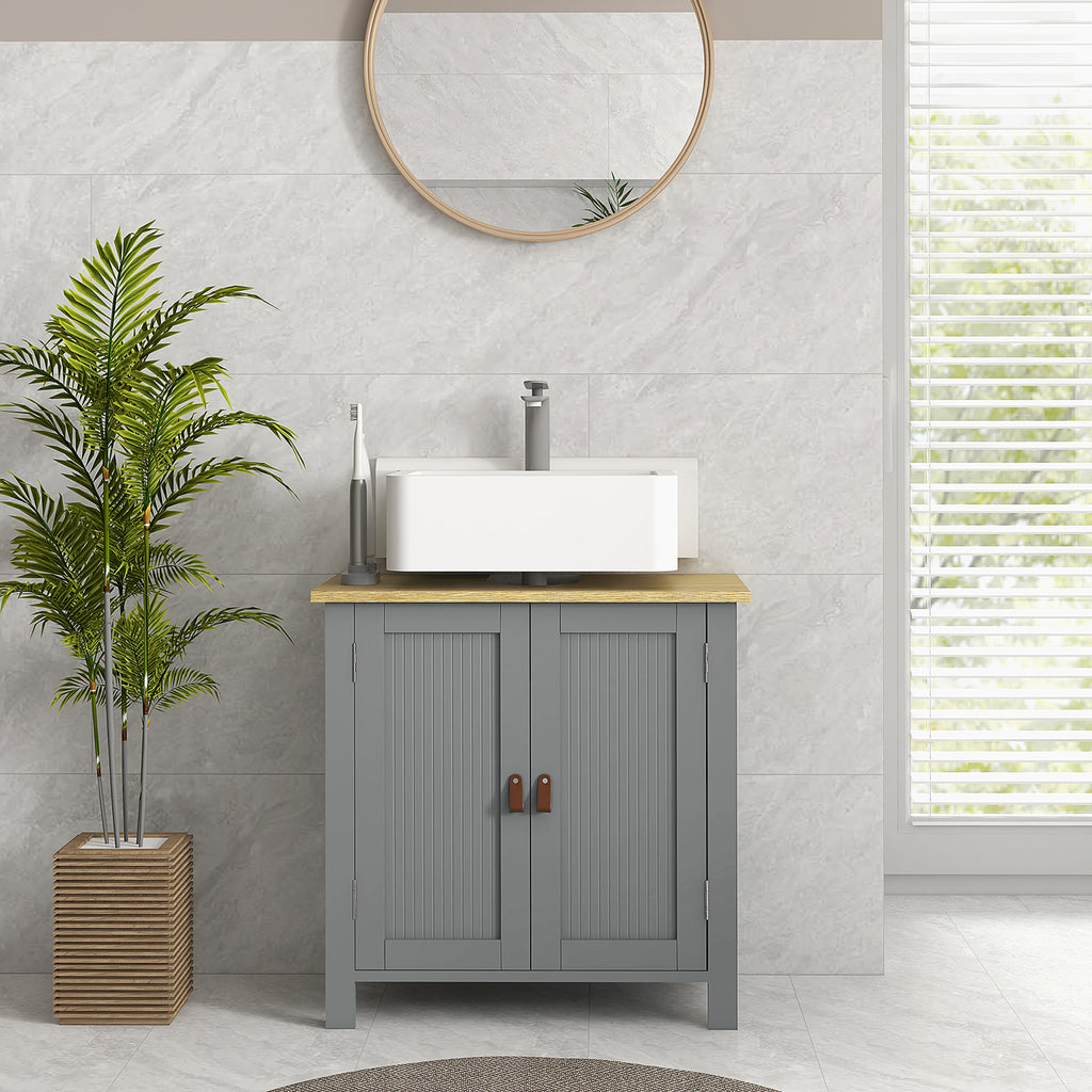 Meuble sous lavabo 2 portes étagère réglable 2 étages à l'intérieure poignées en PU 60 x 30 x 60 cm gris