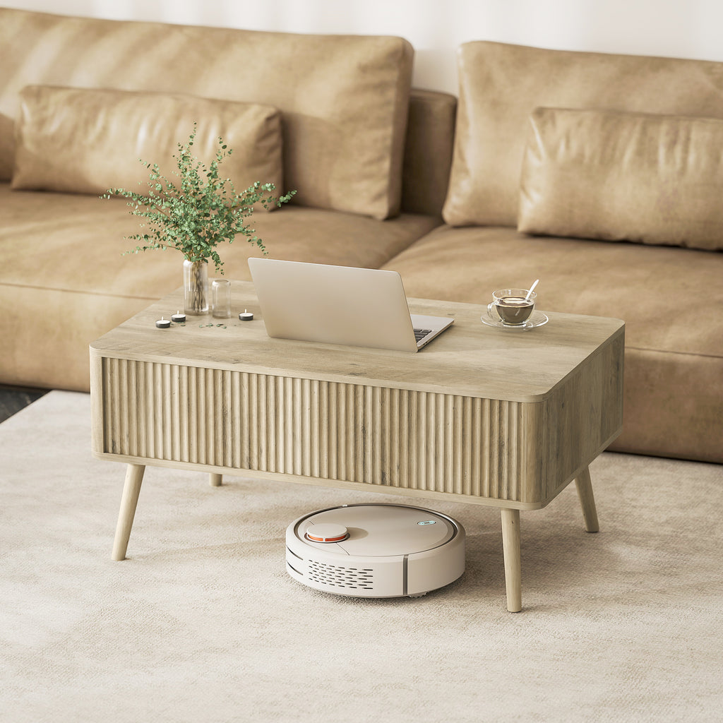 Table basse relevable, table de salon avec 2 compartiments cachés et pieds en pin, 91 x 56 x 43 cm, chêne