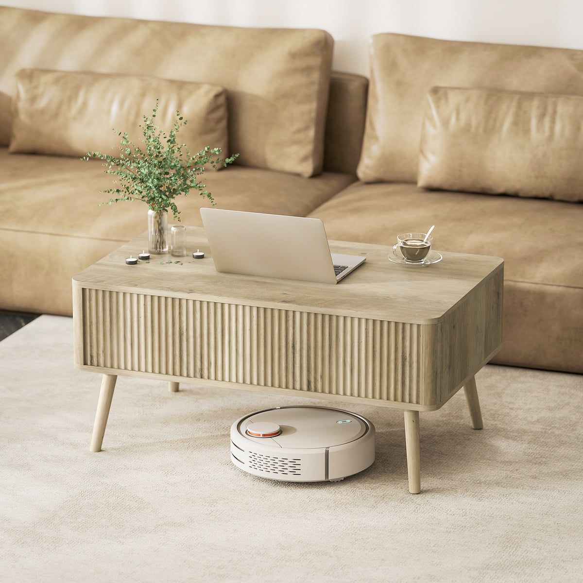 Table basse relevable, table de salon avec 2 compartiments cachés et pieds en pin, 91 x 56 x 43 cm, chêne