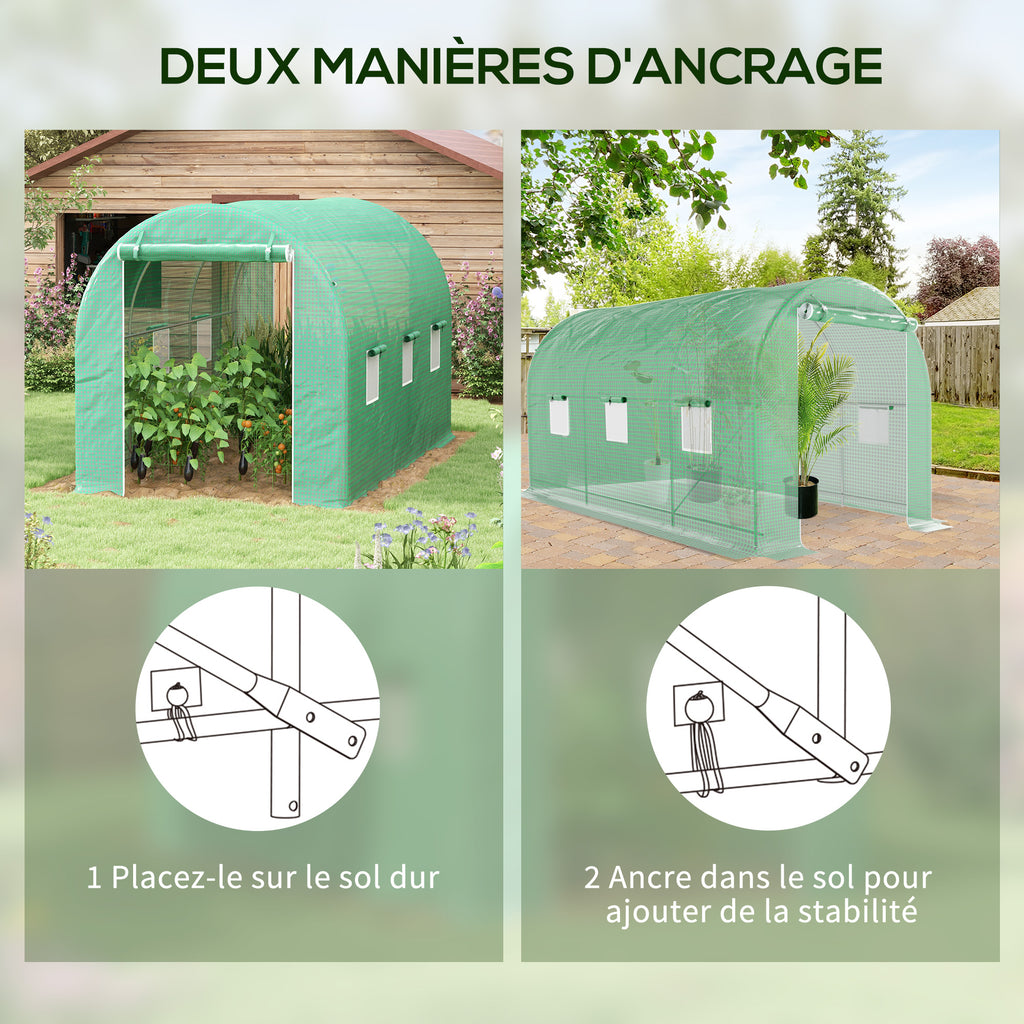 Serre de Jardin Tunnel Surface Sol 8 m² 4L x 2l x 2,05H m châssis Tubulaire Porte zippée 6 fenêtres enroulables vert