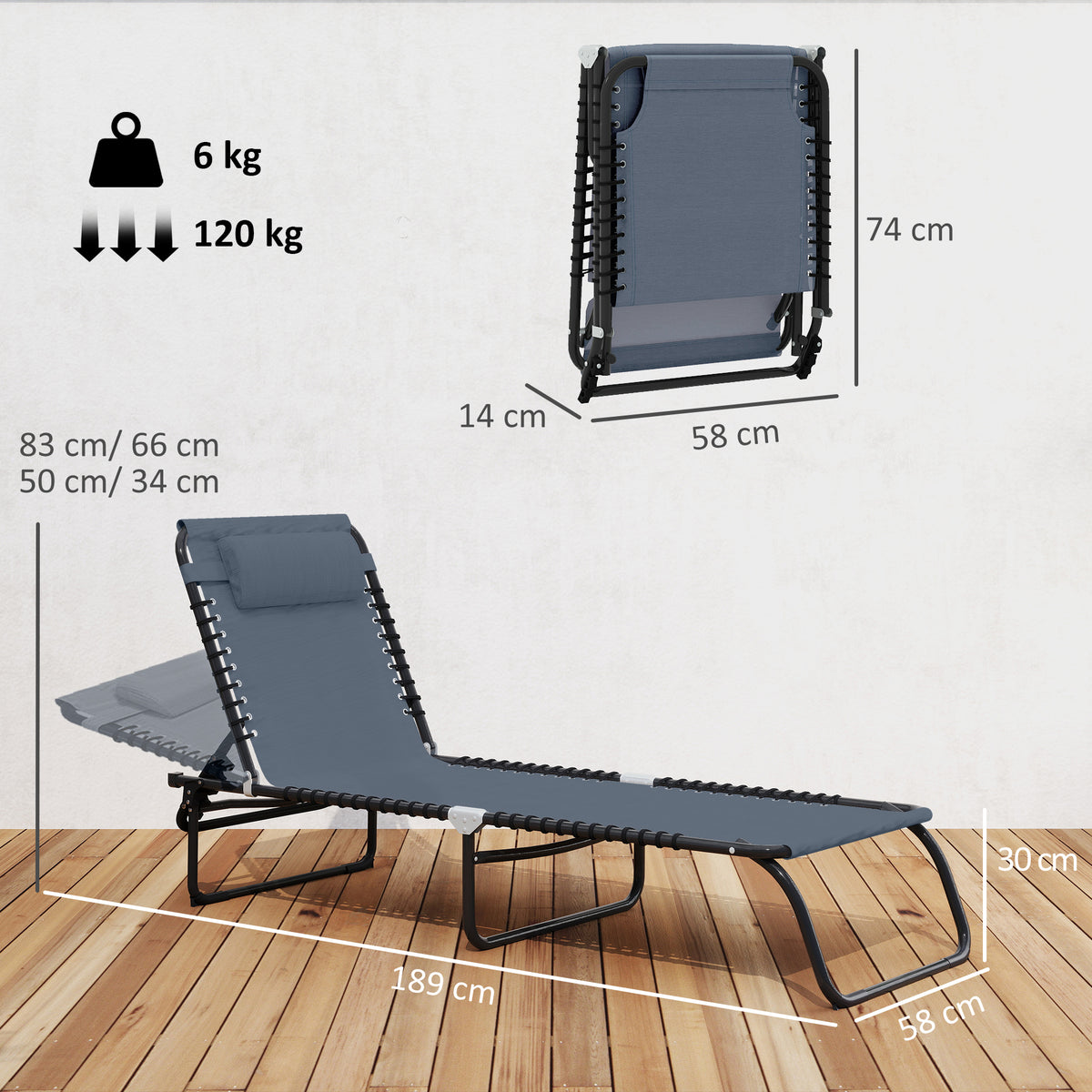Bain de Soleil transat Pliable Dossier inclinable Multi-Positions Acier thermoplastique Lacets élastiques Noir