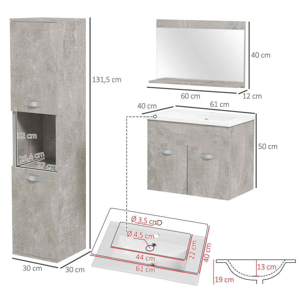 Ensemble de Meubles de Salle de Bain 4 Pièces, Mural, avec Miroir, Meuble sous Vasque, Lavabo et Armoire Haute, gris