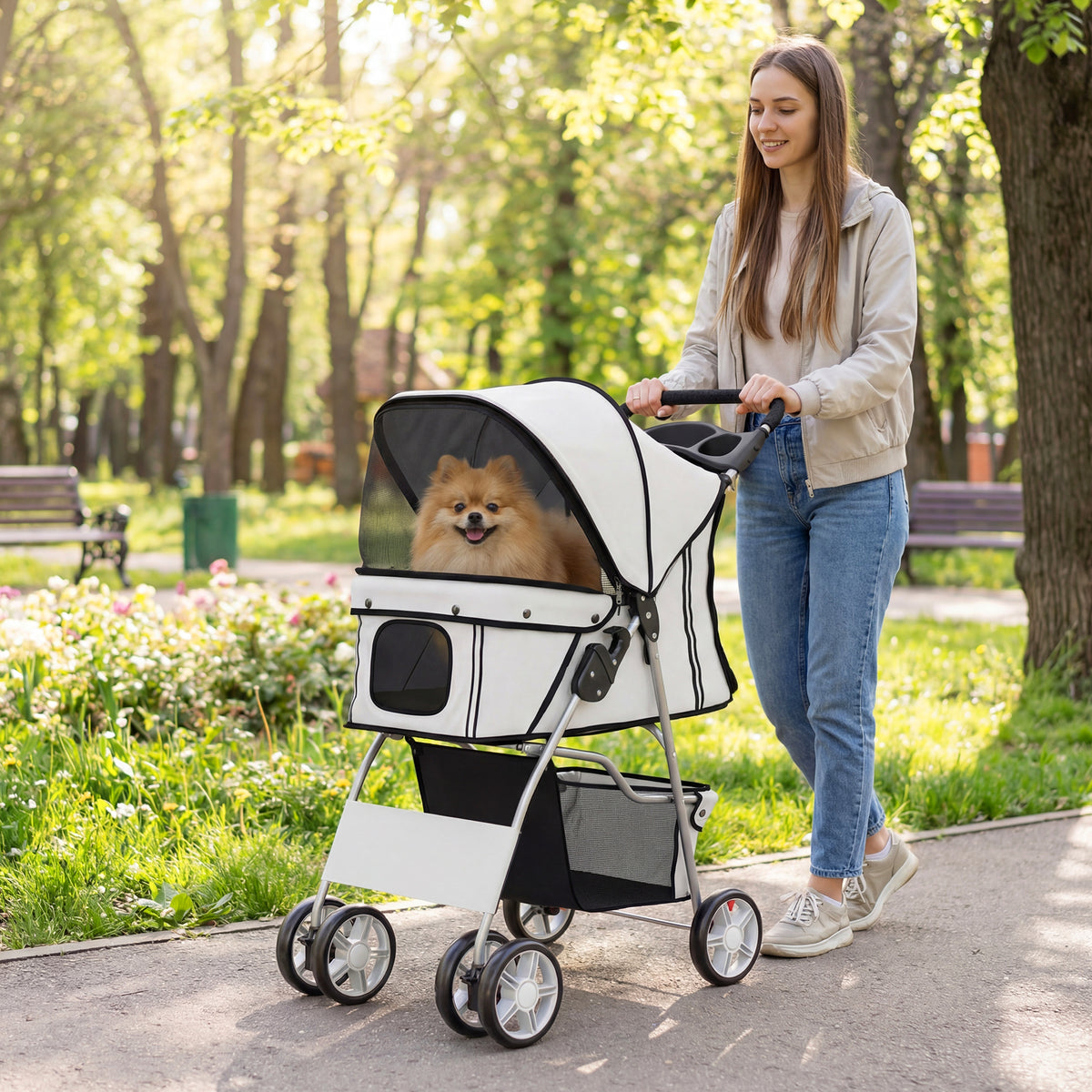 Poussette buggy pliable animaux chariot pliante chien chat porte-gobelet panier de rangement 77 x 44 x 102 cm gris