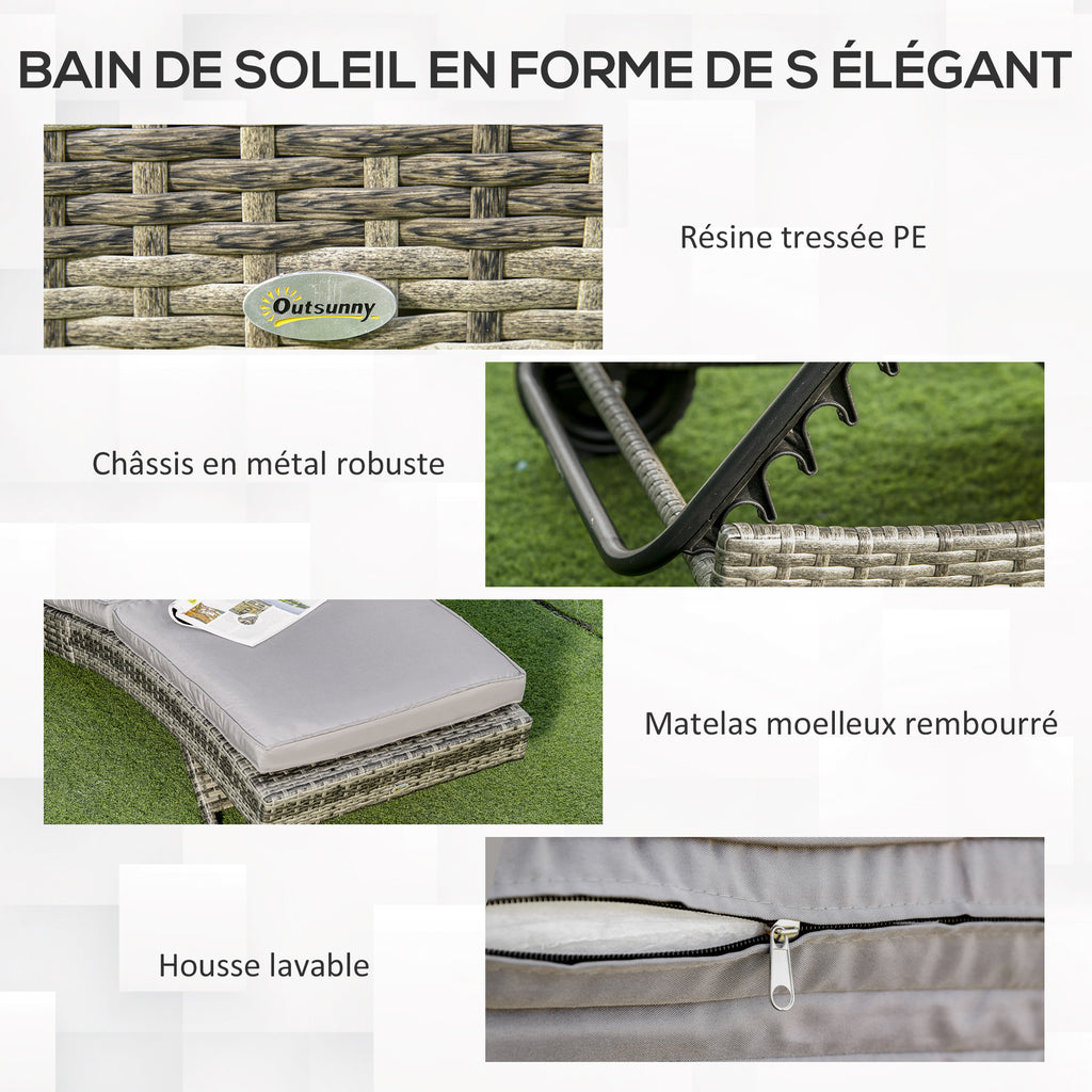 Bain de soleil transat - dossier inclinable 5 positions roulettes - matelas déhoussable inclus - résine