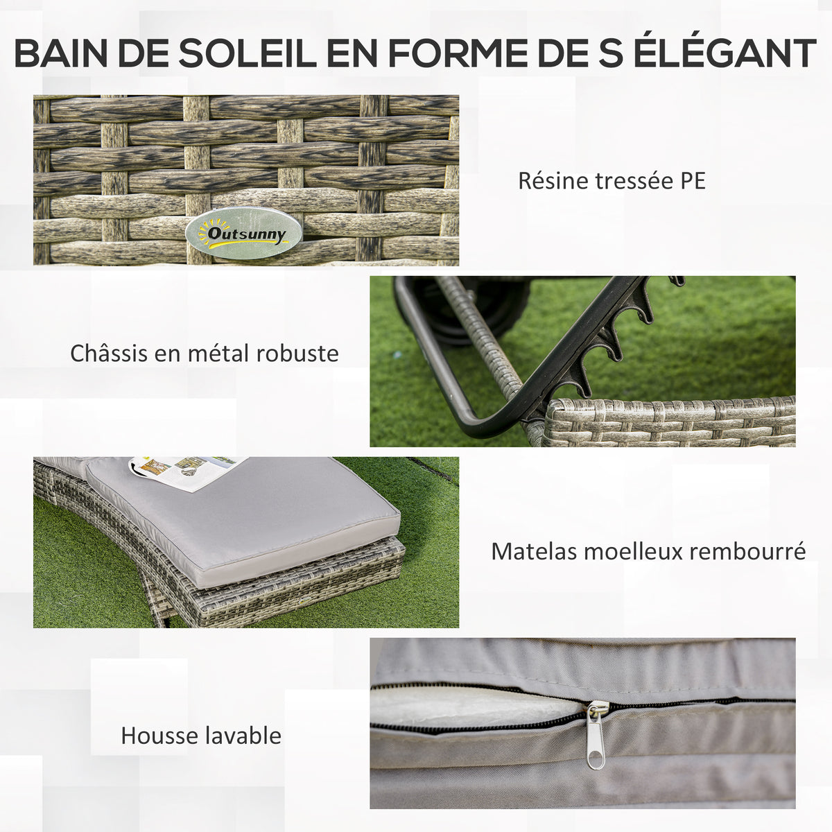 Bain de soleil transat - dossier inclinable 5 positions roulettes - matelas déhoussable inclus - résine