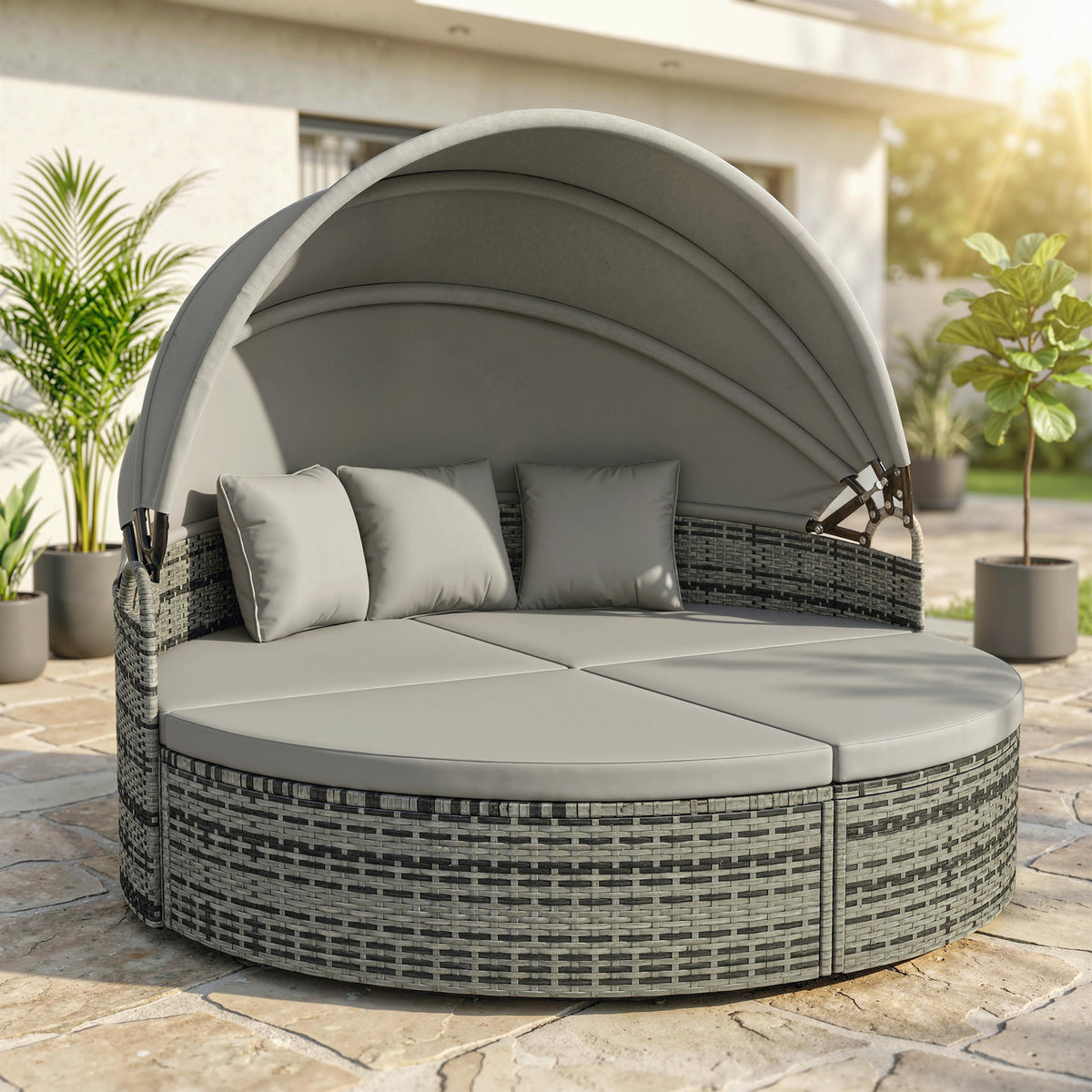 Bain de soleil rond, lit de jardin extérieur modulable 3 PSC en résine tressée avec auvent rétractable, gris clair