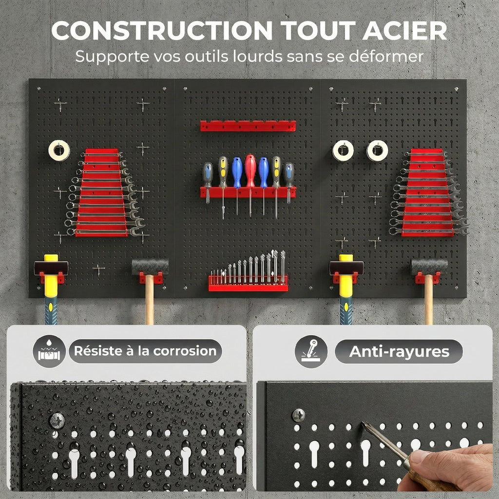 panneau perforé mural 600 x 400 mm, organiseur garage en acier avec 3 panneaux perforés, noir et rouge