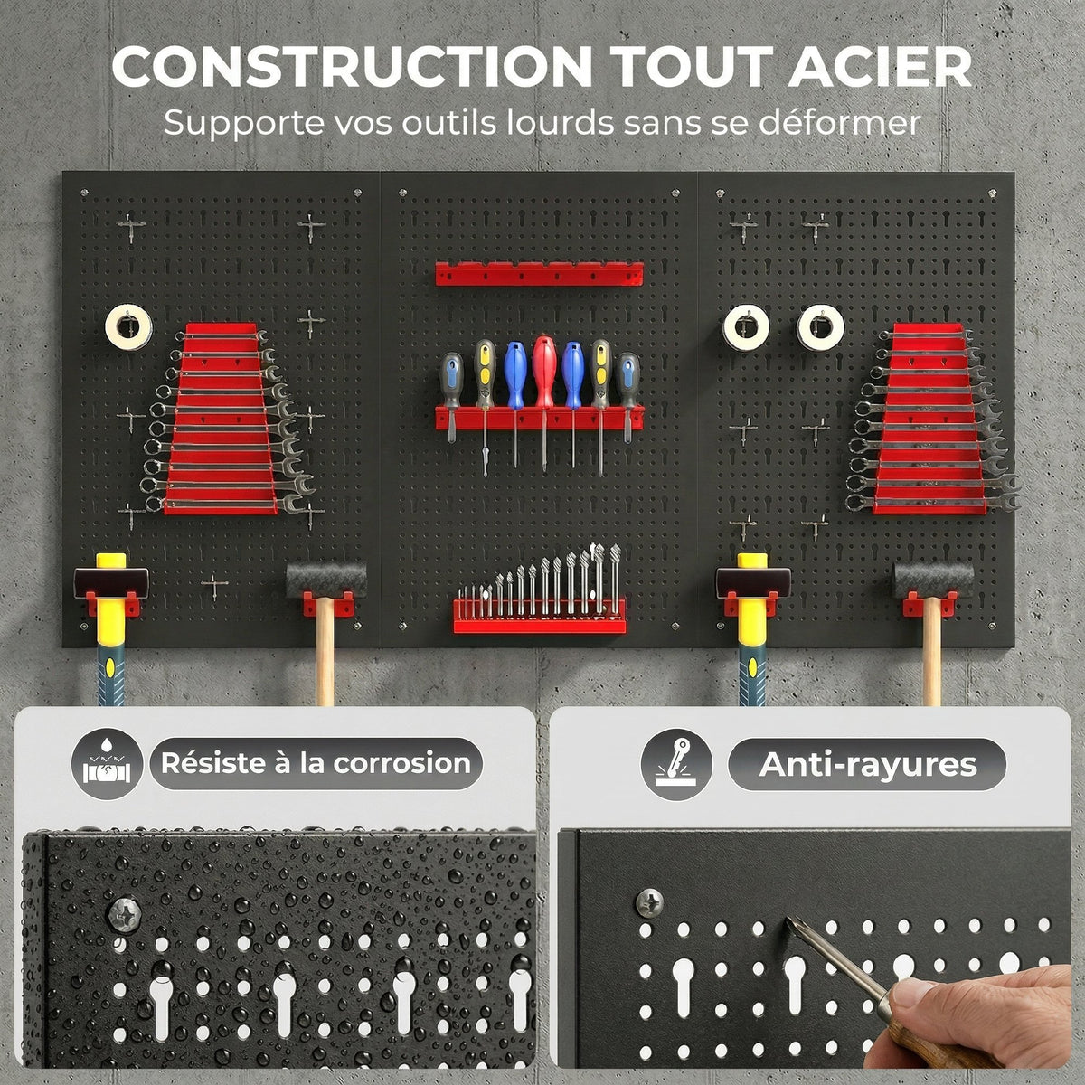 panneau perforé mural 600 x 400 mm, organiseur garage en acier avec 3 panneaux perforés, noir et rouge