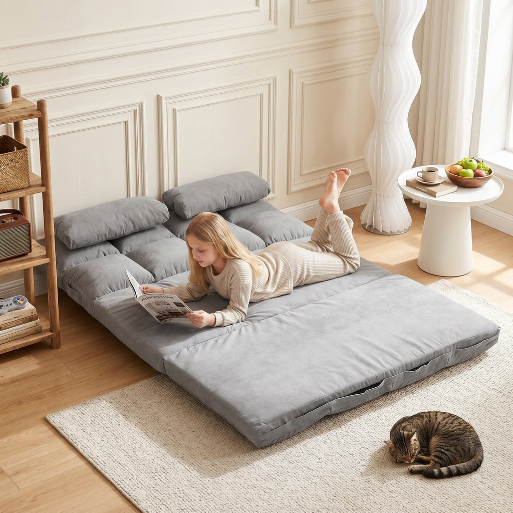 Chauffeuse 2 places canapé-lit convertible fauteuil de sol pliable dossier réglable 2 coussins inclus en polyester aspect suédé, pour salon, chambre et bureau, gris