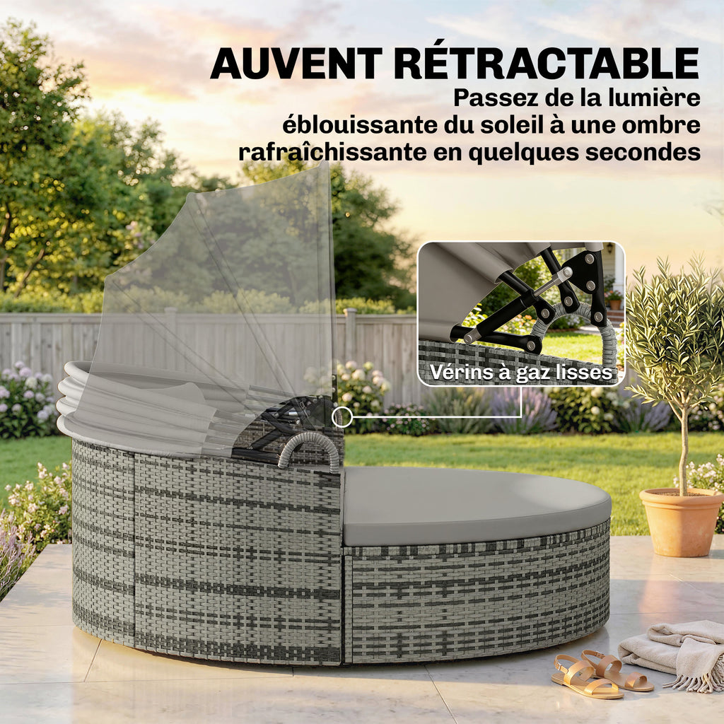 Bain de soleil rond, lit de jardin extérieur modulable 3 PSC en résine tressée avec auvent rétractable, gris clair