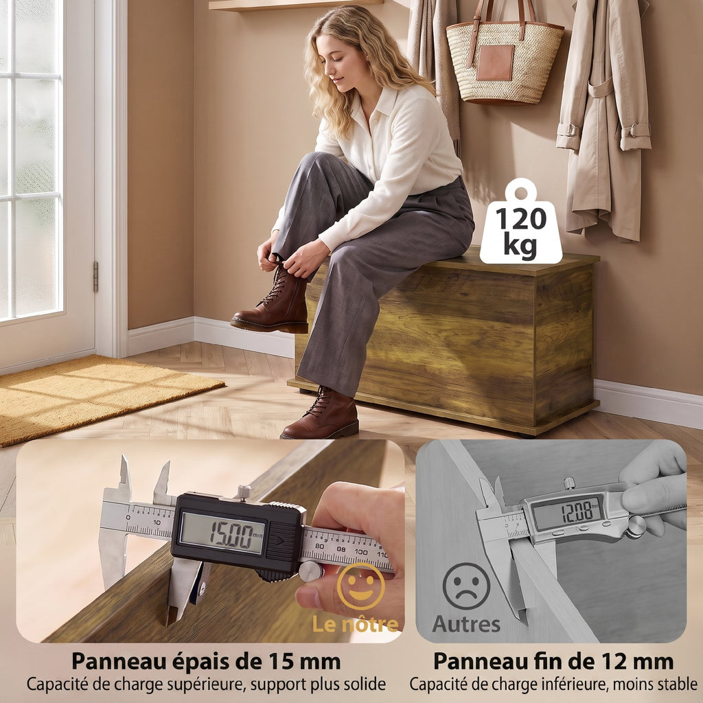Coffre de Rangement, Banc de Rangement avec Couvercle Rabattable et Charnières de Sécurité, 80 x 40 x 45 cm, Marron