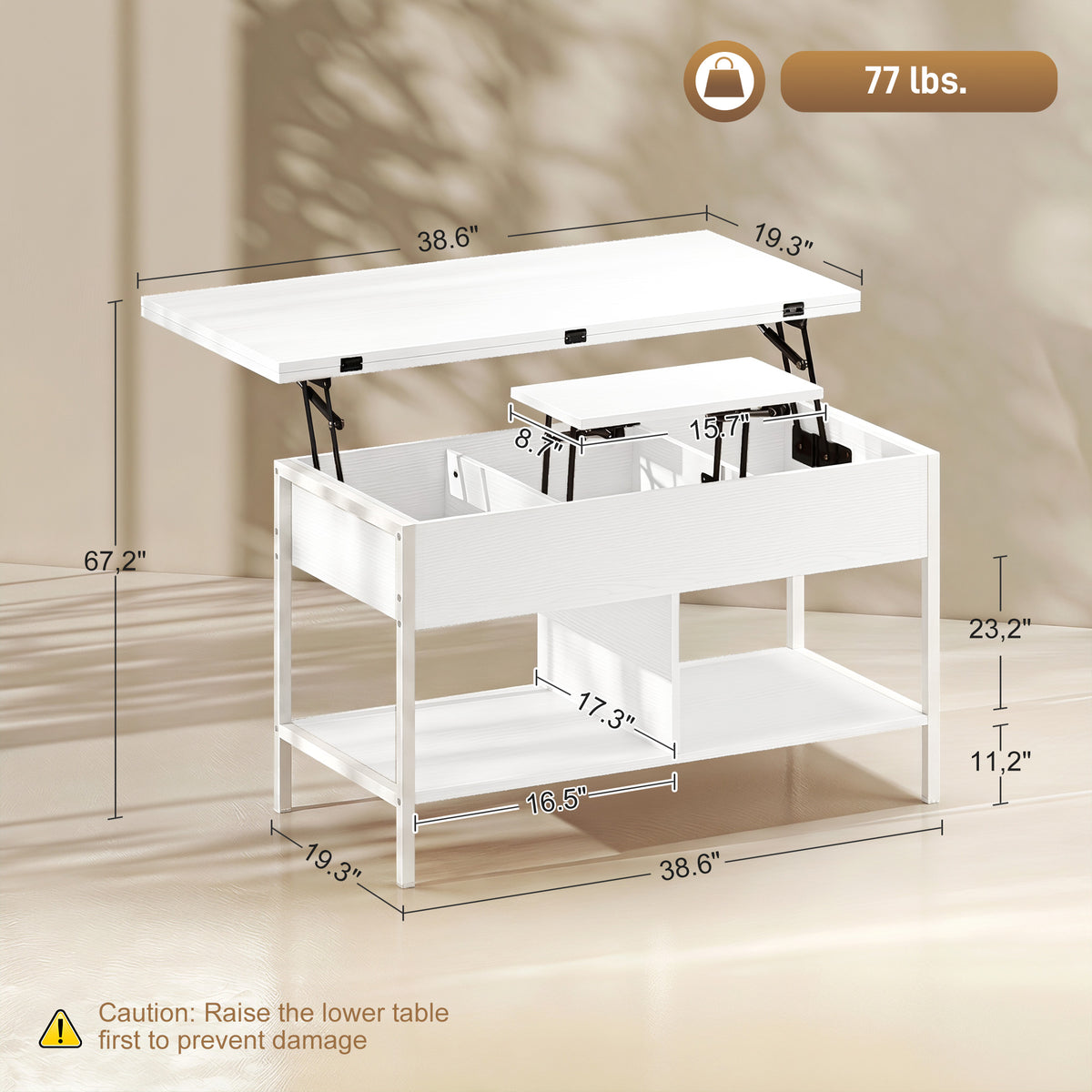 Table basse relevable et extensible, table de salon avec compartiment caché étagères ouvertes, 98x49x55cm, blanc