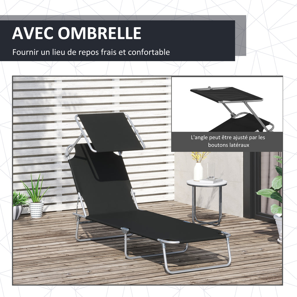 Lot de 2 transats Bain de Soleil Pliable Chaise Longue Pliante Grand Confort Dossier Inclinable Pare-Soleil réglable