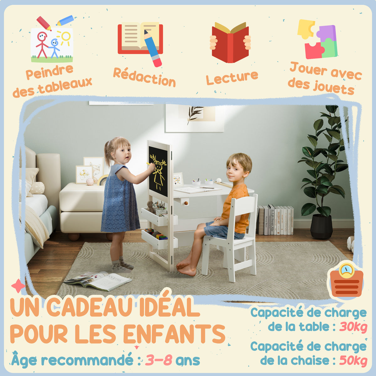 Table enfant avec chaise 3 en 1 avec chevalet pliable étagères de rangement, rouleau de papier - 3 à 8 ans, blanc