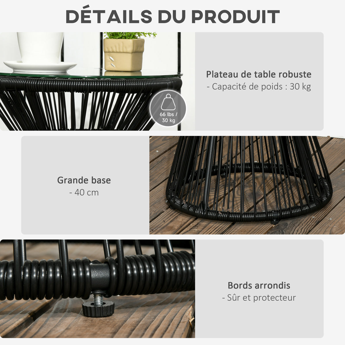 Table de jardin ronde en résine tressée imitation rotin table de bistrot métal plateau verre trempé Ø 40 x 42 cm noir