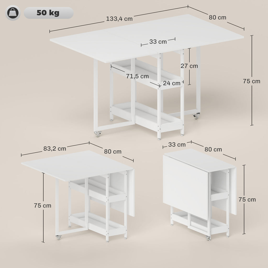 Table à manger pliante sur roulettes 4 personnes avec compartiments ouverts, pour petits espaces, salle à manger, blanc