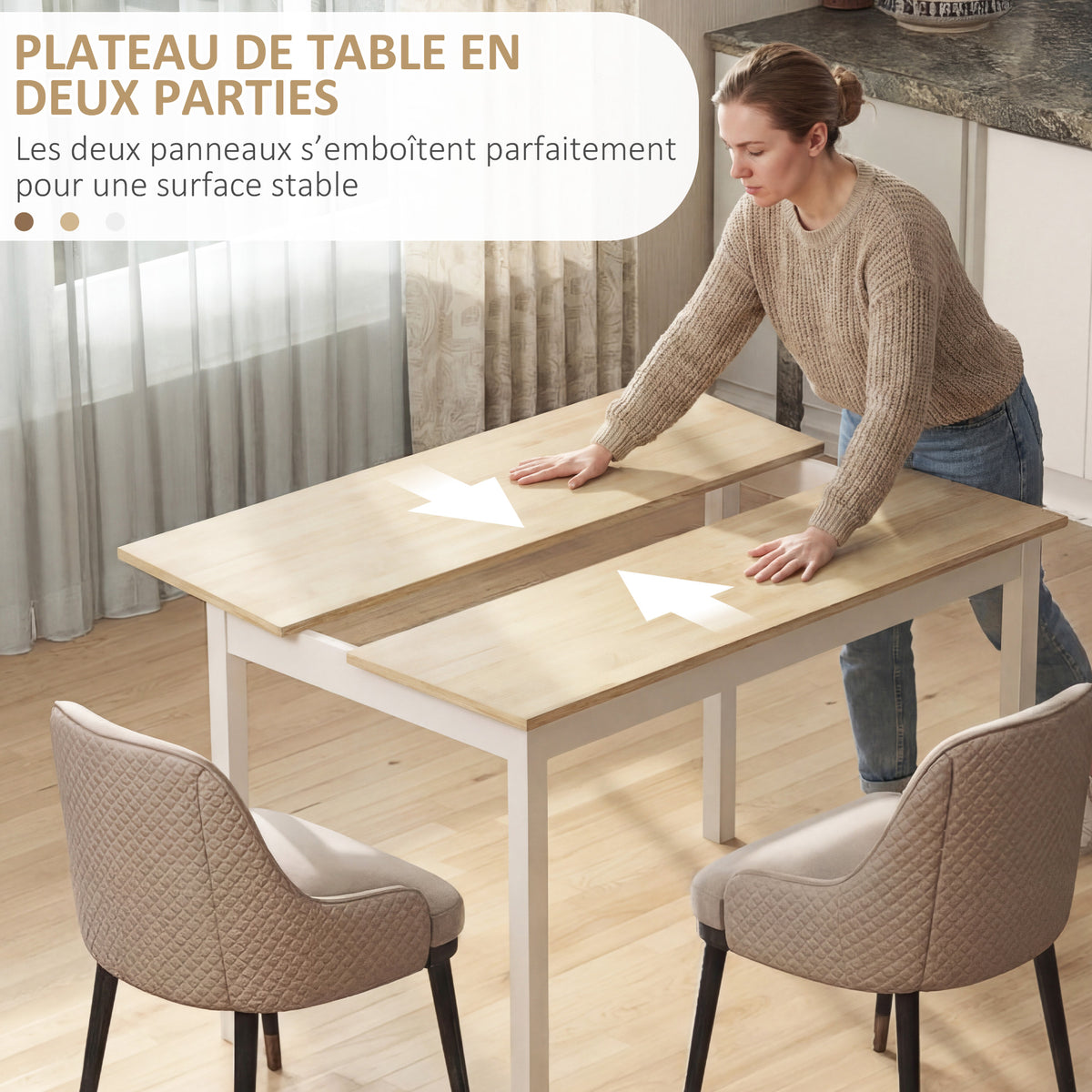 Table à manger table de cuisine structure en bois massif 4 personnes design vintage 120 cm naturel et blanc