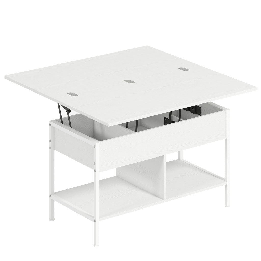 Table basse relevable et extensible, table de salon avec compartiment caché étagères ouvertes, 98x49x55cm, blanc