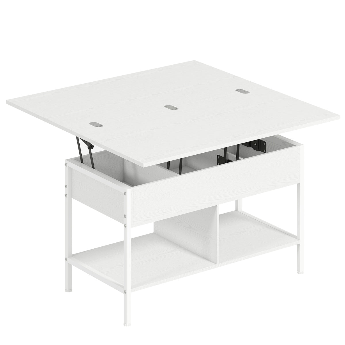 Table basse relevable et extensible, table de salon avec compartiment caché étagères ouvertes, 98x49x55cm, blanc