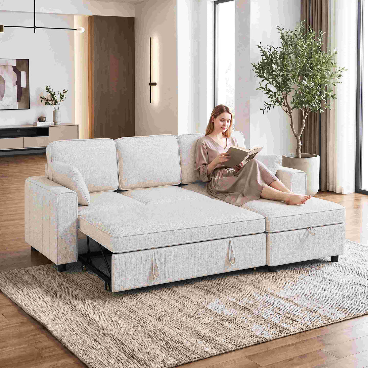 Canapé d'Angle Convertible en Chenille, Canapé-Lit 3 Places Modulaire 225 cm avec Pouf de Rangement, Beige