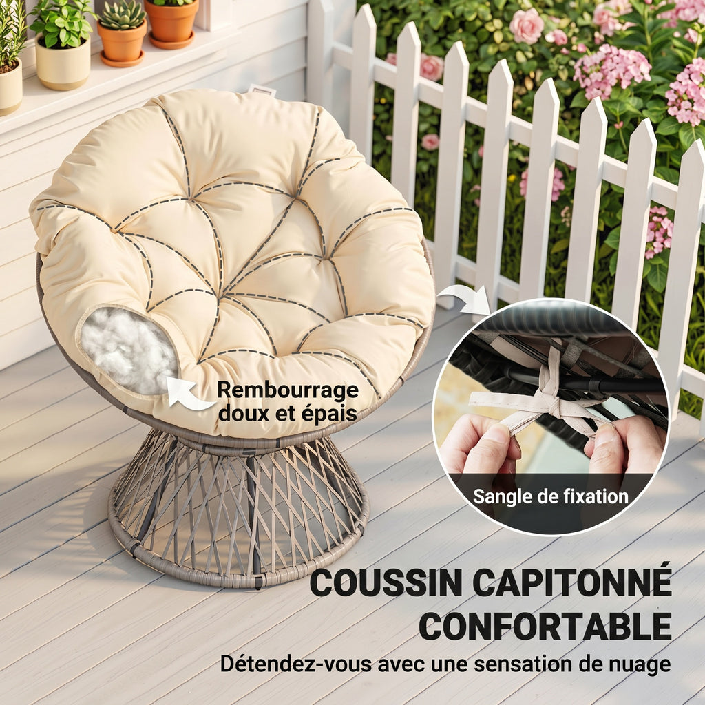 Fauteuil rond de jardin fauteuil papasan pivotant Ø 97 x 90H cm grand coussin fourni polyester résine tressée