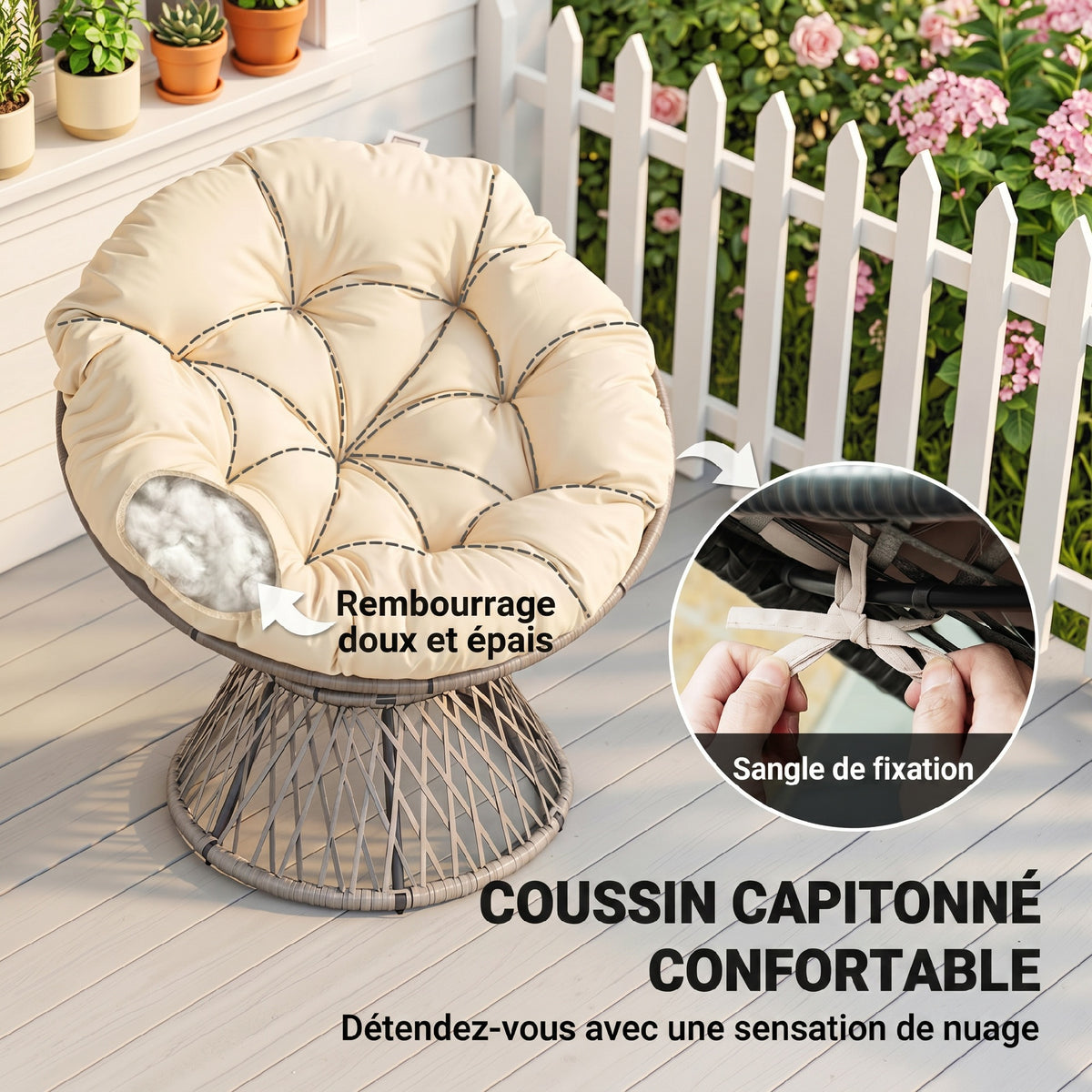 Fauteuil rond de jardin fauteuil papasan pivotant Ø 97 x 90H cm grand coussin fourni polyester résine tressée